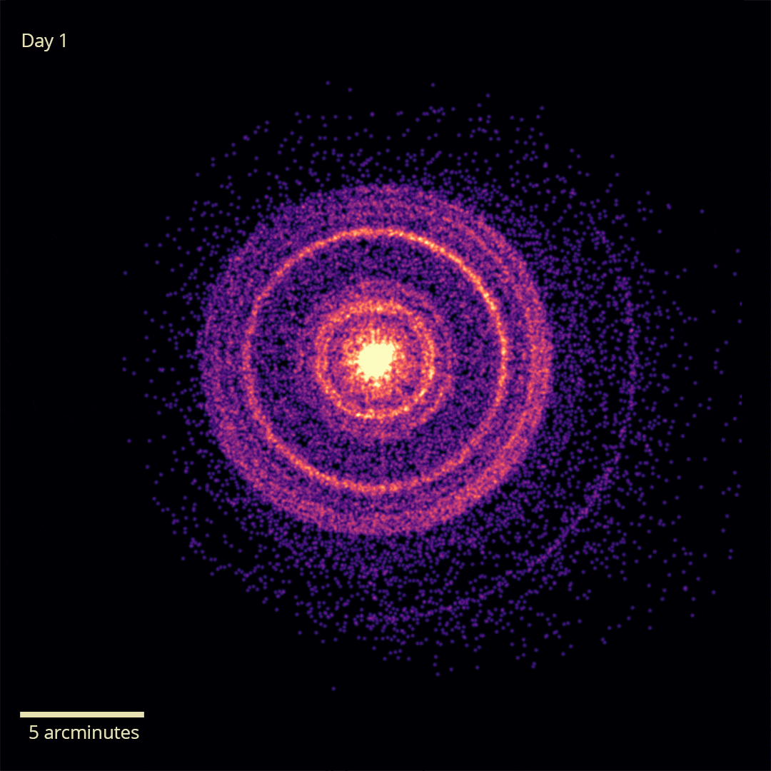  Images captured over 12 days by the X-ray Telescope aboard NASA’s Neil Gehrels Swift Observatory that show the initial flash of GRB 221009A