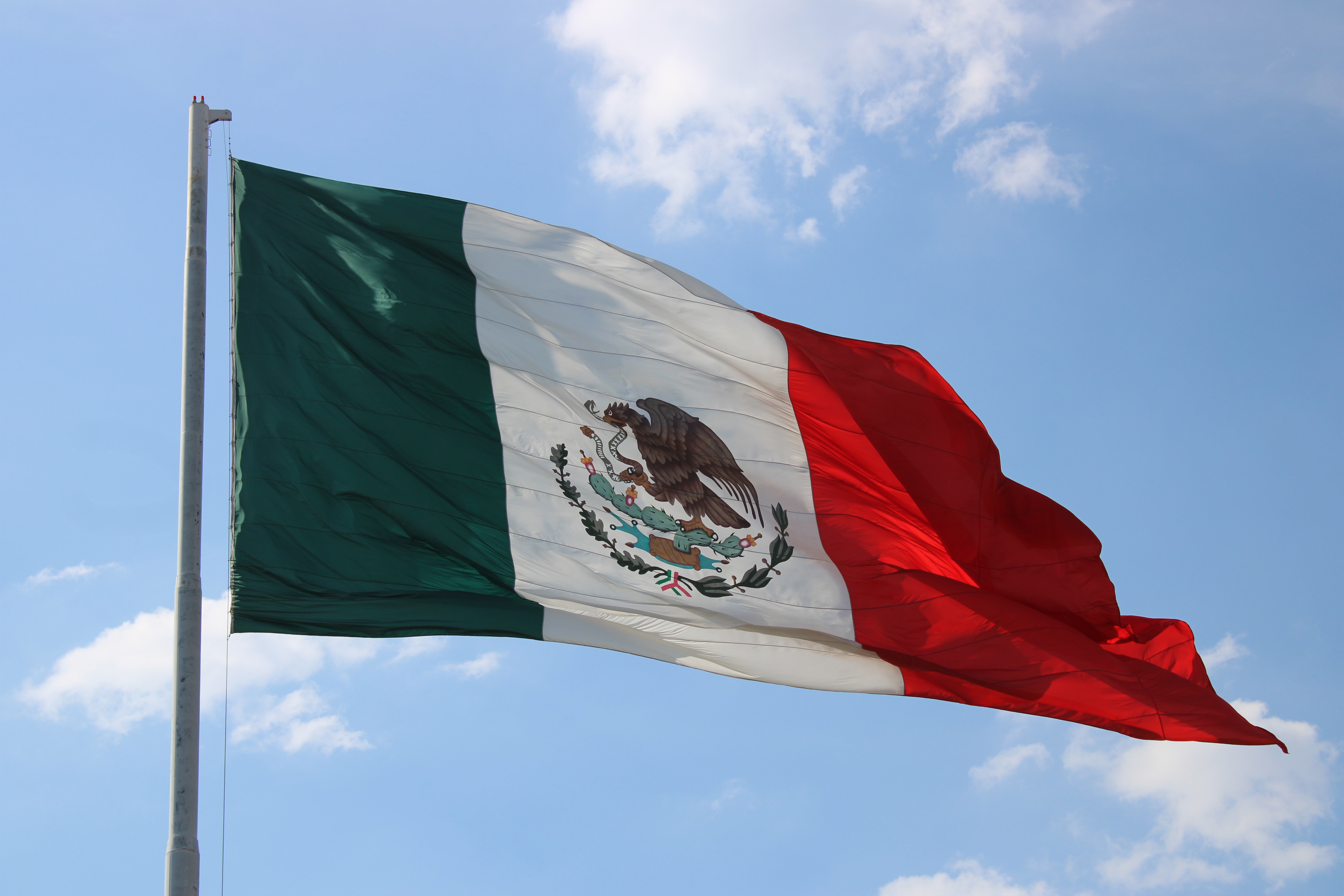 Mexico's flag flying on a flag pole with a blue sky in the background