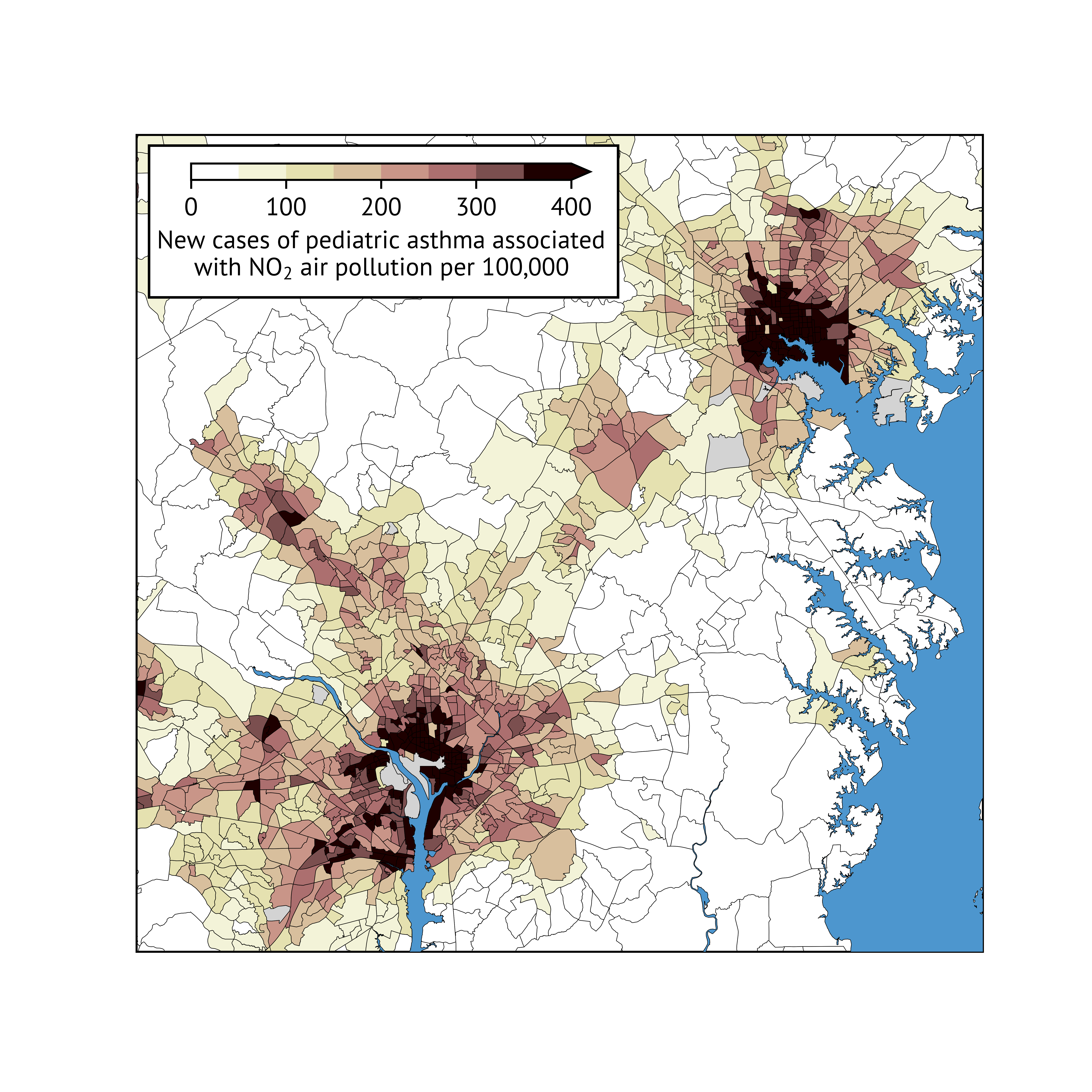 The graphic shows new cases of pediatric asthma linked to nitrogen dioxide air pollution in the DC and Baltimore region. The dark brown areas indicate the highest number of new cases, which the study linked to neighborhoods with a larger proportion of marginalized residents. 