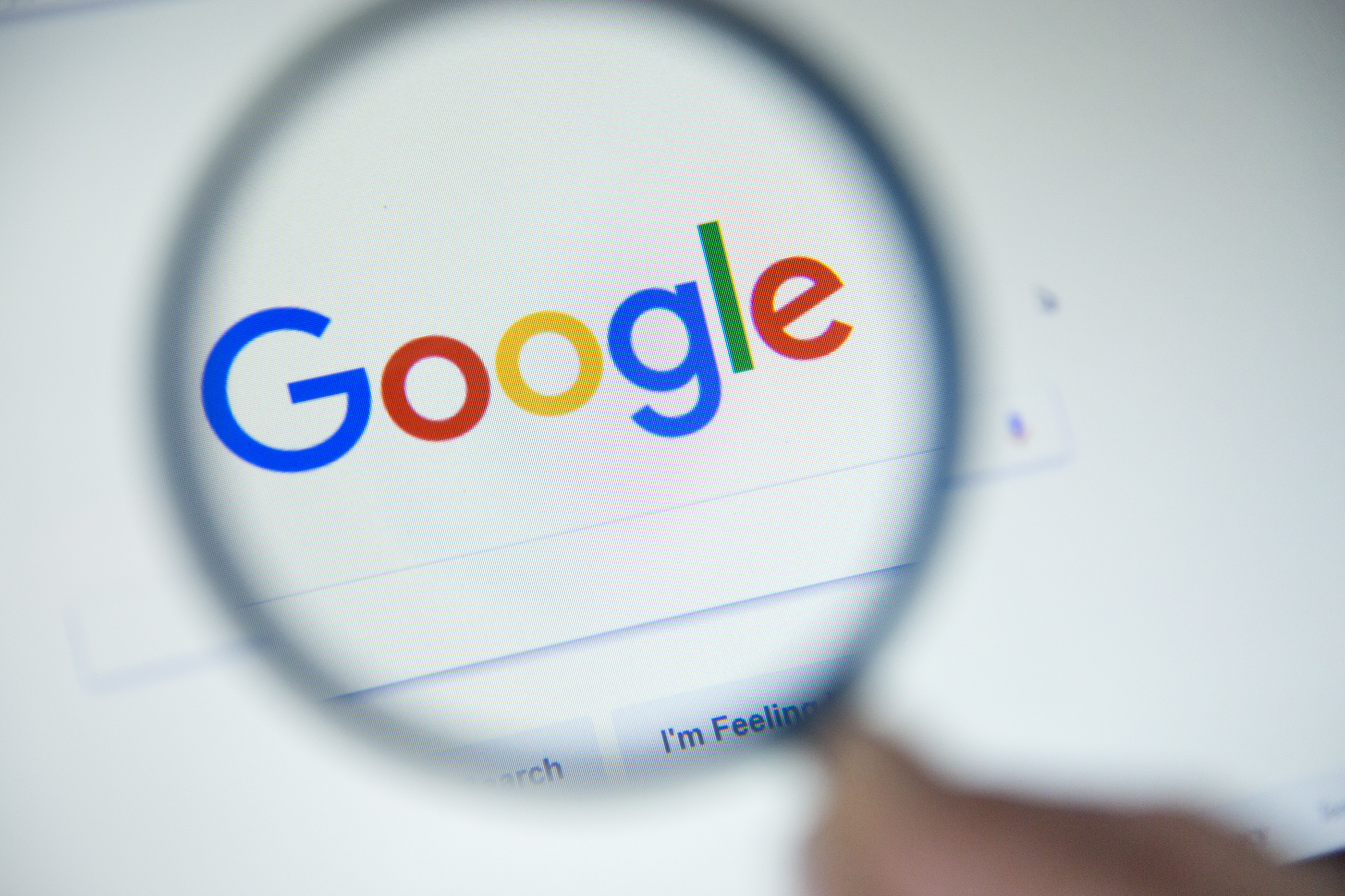 magnifying glass hovering over Google search bar