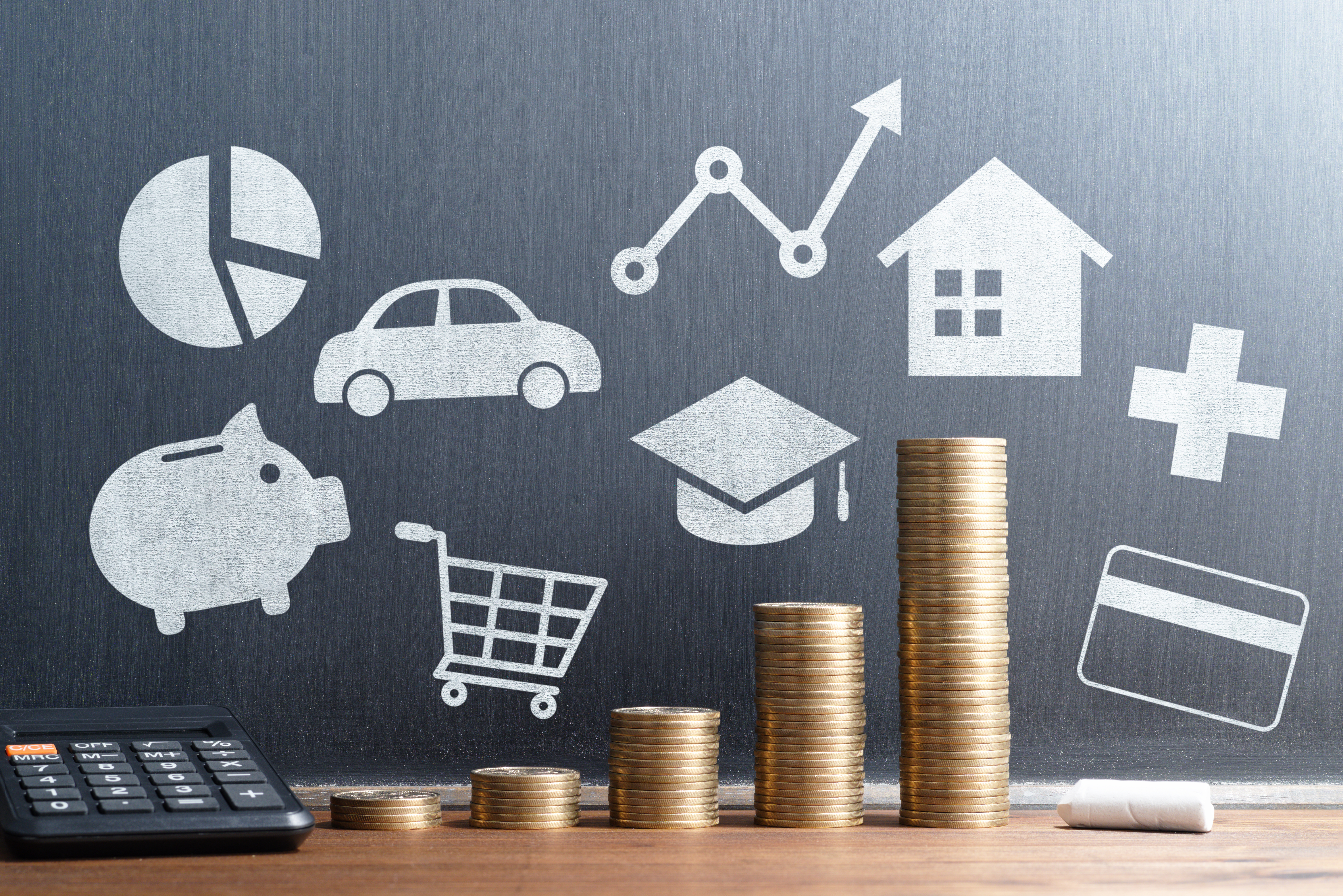 Personal finance graphic with coins and icons for expenses