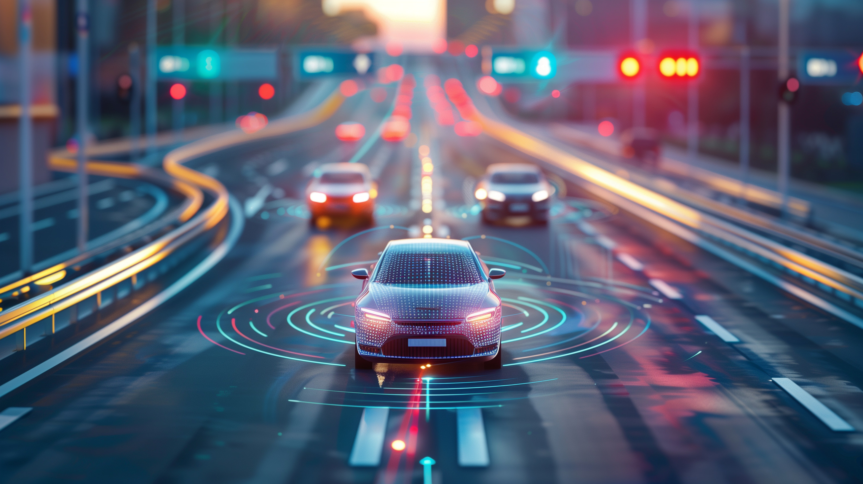 illustration of a self-driving car on a roadway