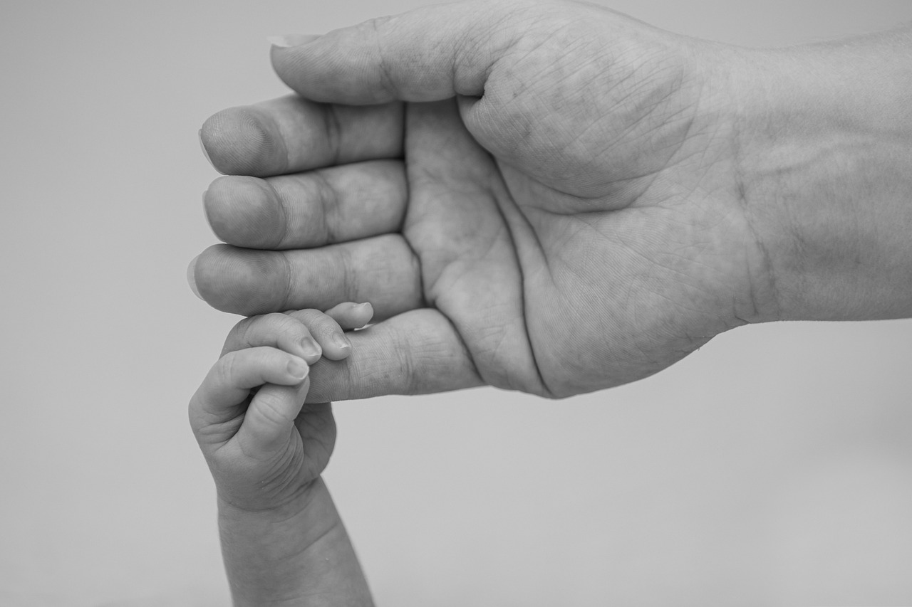 adult holding a baby's hand
