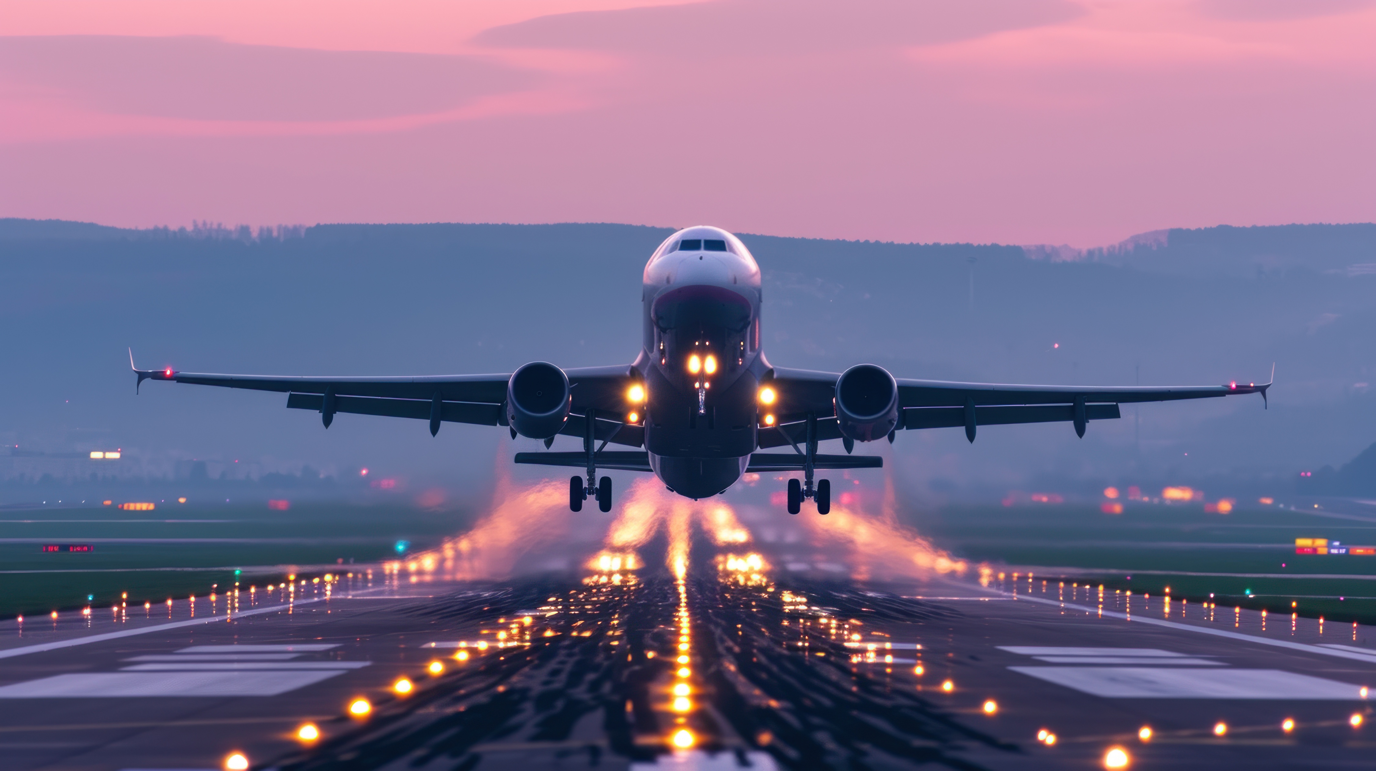 airplane taking off on a tarmac with sunset in the background