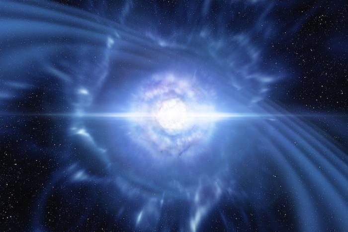 This artist’s impression shows two tiny but very dense neutron stars at the point at which they merge and explode as a kilonova.