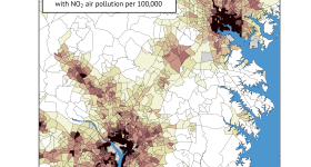 The graphic shows new cases of pediatric asthma linked to nitrogen dioxide air pollution in the DC and Baltimore region. The dark brown areas indicate the highest number of new cases, which the study linked to neighborhoods with a larger proportion of marginalized residents. 