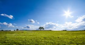green field with blue skies and clouds