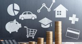 Personal finance graphic with coins and icons for expenses