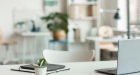 empty office with a laptop and plant in the foreground on a desk