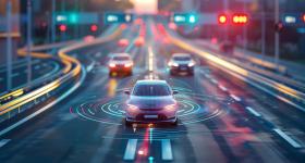 illustration of a self-driving car on a roadway
