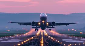 airplane taking off on a tarmac with sunset in the background